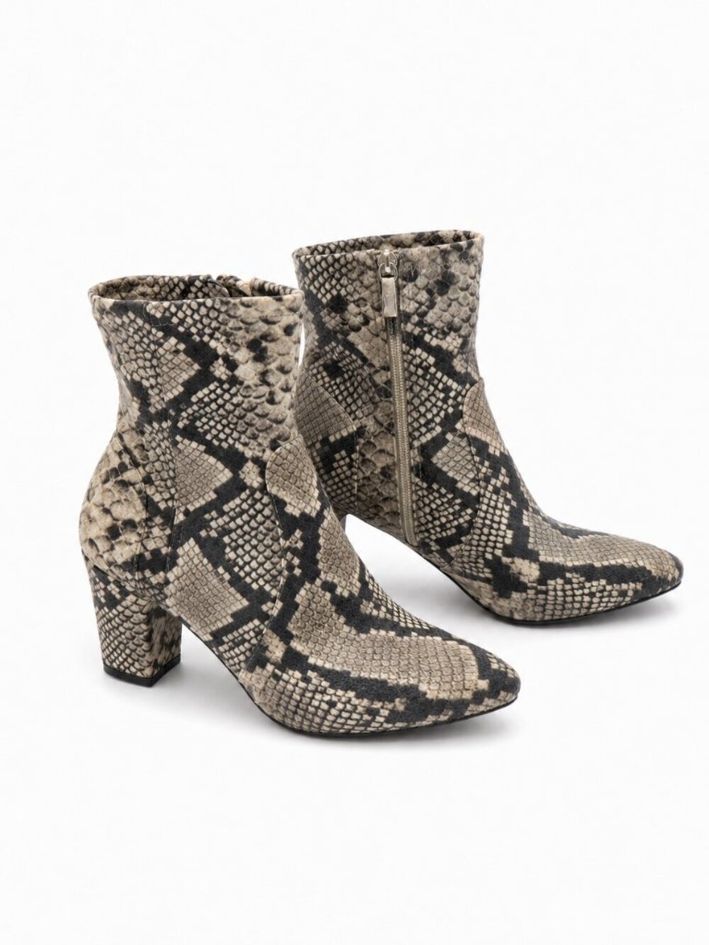 Snakeskin Print Pointed Toe Ankle Boots Block Heel (Size 8)